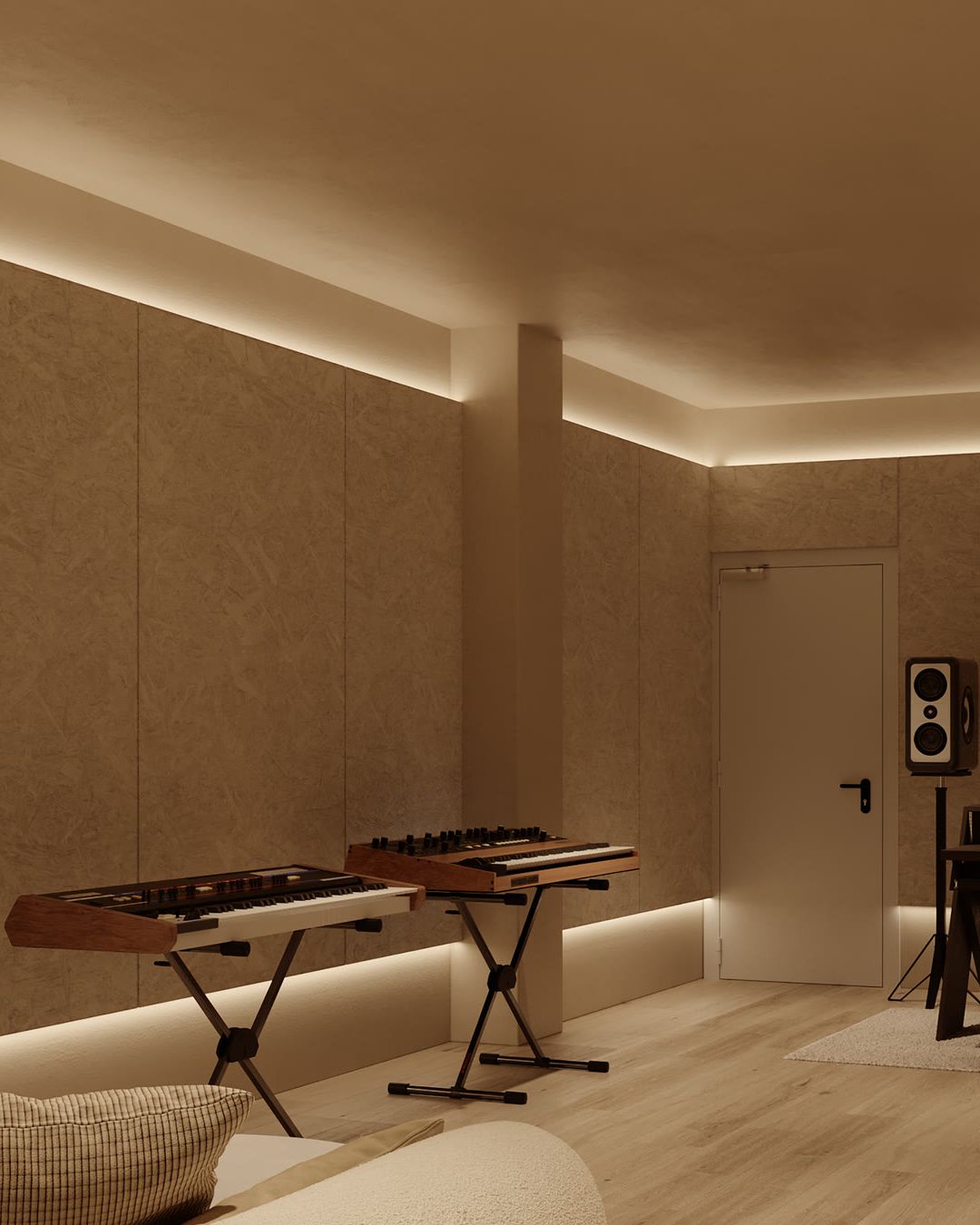 Visualisation of the Music Production Suite with keyboards, monitors and a workstation