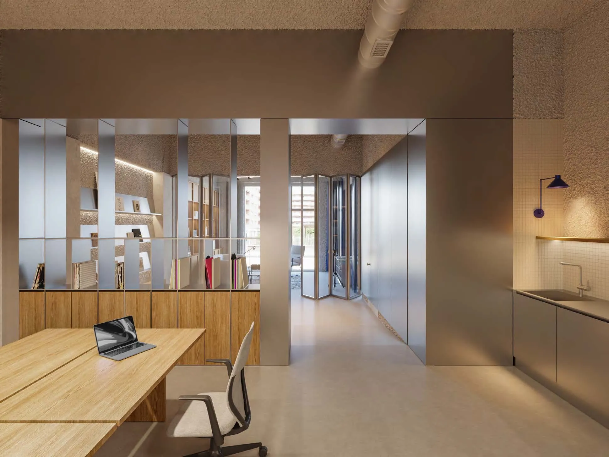 Visualización de un puesto de trabajo con mesa de madera junto a la cocina